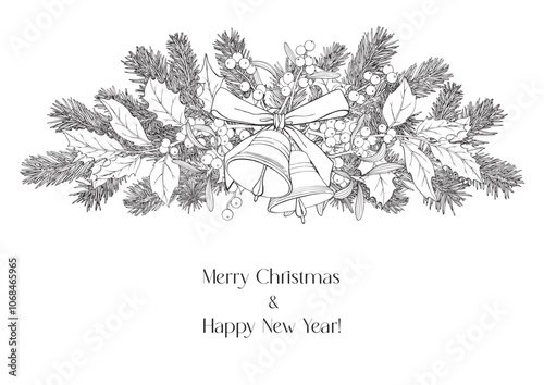 Line art Christmas Vintage illustration with bells bow fir branches holly mistletoe Black white Hand drawn linear elements Vector background for design holiday decor, decoration new year greeting card