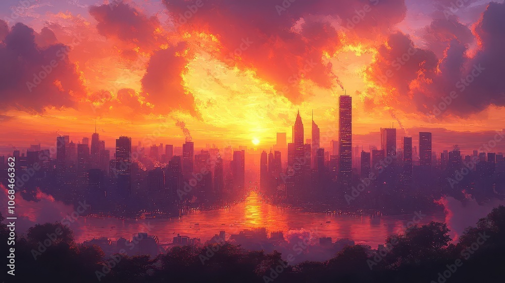 Fototapeta premium a picturesque sunset casting golden hues over a modern city skyline, silhouettes of skyscrapers against a brilliant orange and purple sky, evoking a sense of tranquility and wonder