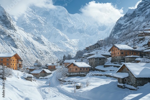 Serene Winter Village: A Picturesque Scene of Snow-Covered Homes Nestled Among Majestic Mountains Under a Clear Blue Sky