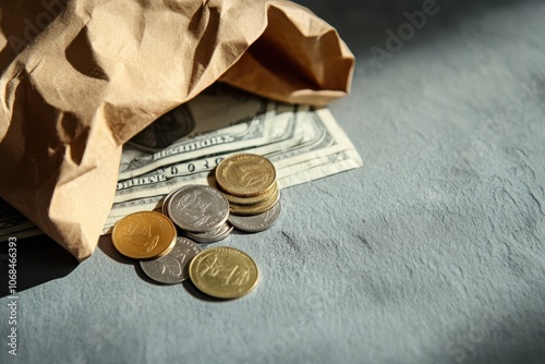 A brown paper bag contains coins and folded dollar bills, illustrating cash handling and personal finance themes. photo