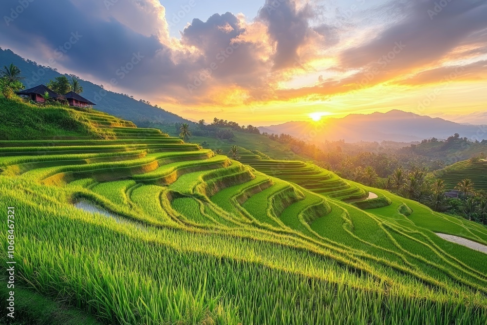 Fototapeta premium Captivating Sunset Over Lush Green Terraced Rice Fields: A Serene Landscape Embracing Nature's Beauty and Agricultural Harmony