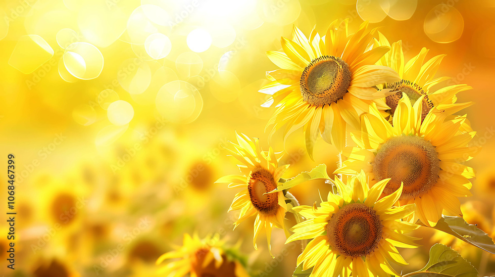 Fototapeta premium Image description: A field of sunflowers in full bloom, with a warm, sunny background.