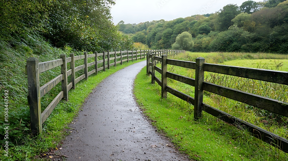 Explore the serene pathways of nature surrounded by lush greenery and rustic fencing Explore the serene pathways of nature surrounded by lush greenery and rustic fencing