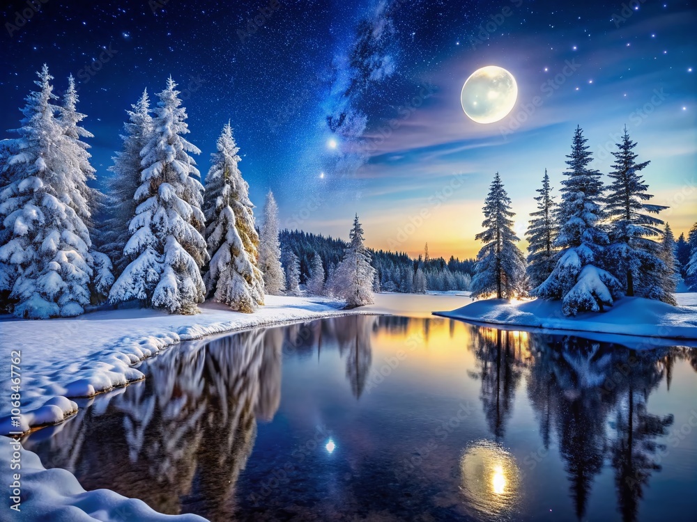 Enchanting Winter Landscape at Night with Snow-Covered Trees, Starry Skies, and a Serene Atmosphere for Stunning Night Photography Enchanting Winter Landscape at Night with Snow-Covered Trees, Starry Skies, and a Serene Atmosphere for Stunning Night Photography