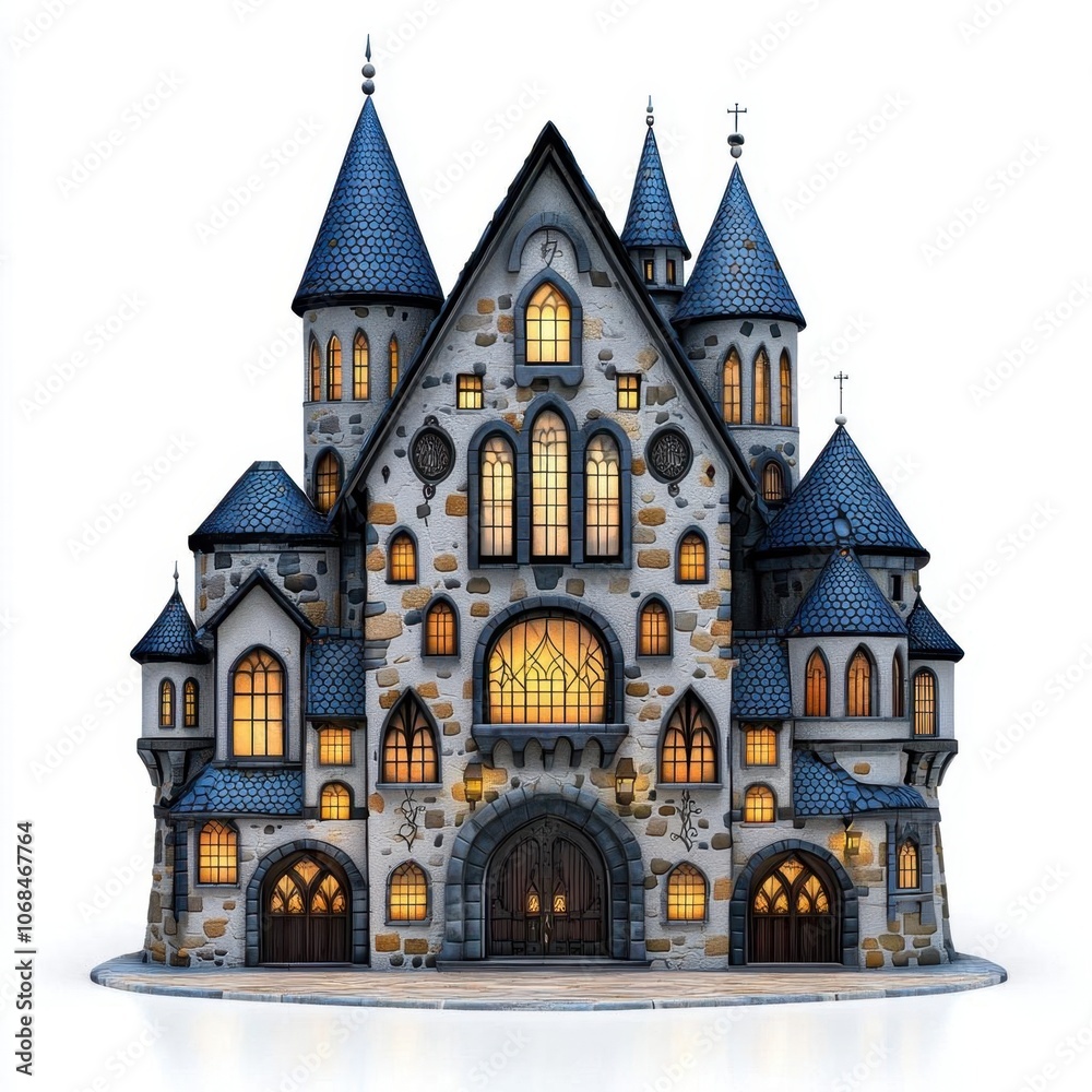 A photostock of an intricately detailed fantasy castle, isolated on white background, High Quality A photostock of an intricately detailed fantasy castle, isolated on white background, High Quality