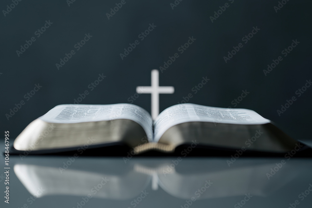 An open Bible on a reflective surface with a cross in the background, symbolizing faith and spirituality. An open Bible on a reflective surface with a cross in the background, symbolizing faith and spirituality.