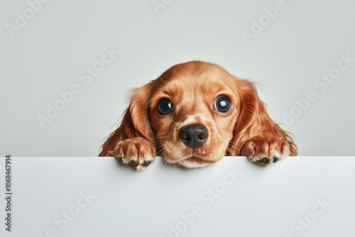 Adorable puppy peeking over a white surface with expressive eyes, perfect for pet lovers and animal enthusiasts. photo