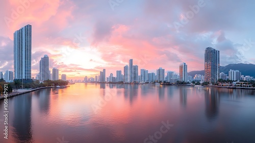 Stunning sunrise over city skyline reflected in serene waterway a panoramic view of urban beauty