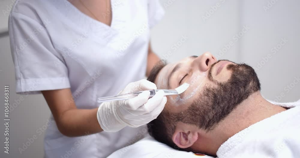 Beautiful slow motion long shot of a nurse in white while applying cream to a young male patient lying on a table in a dermatology clinic during a beauty treatment. Beautiful slow motion long shot of a nurse in white while applying cream to a young male patient lying on a table in a dermatology clinic during a beauty treatment.