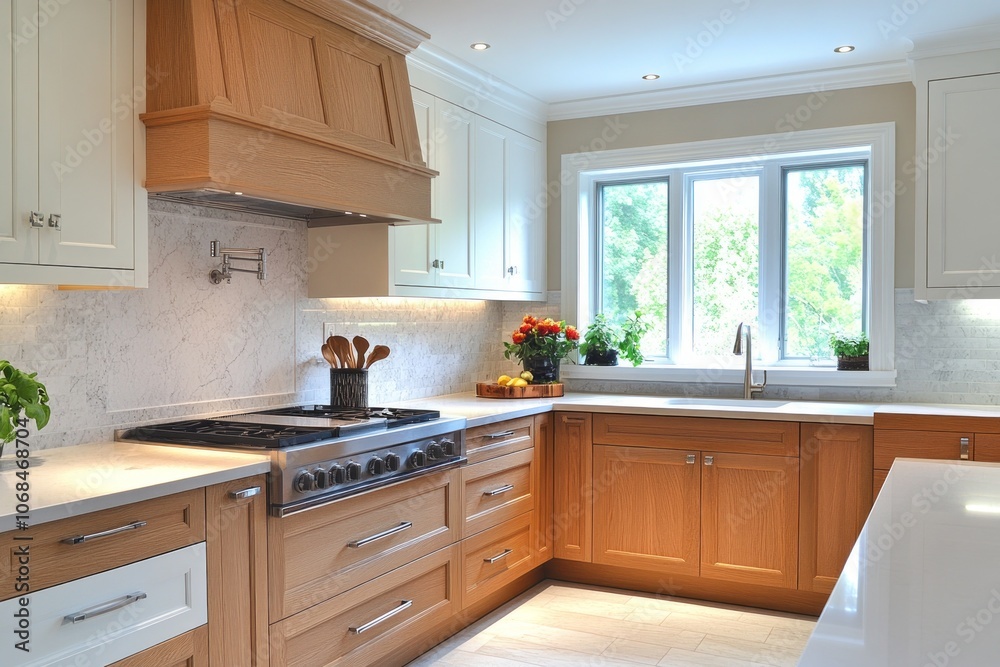 Modern Kitchen with Wooden Cabinets and Stainless Steel Appliances