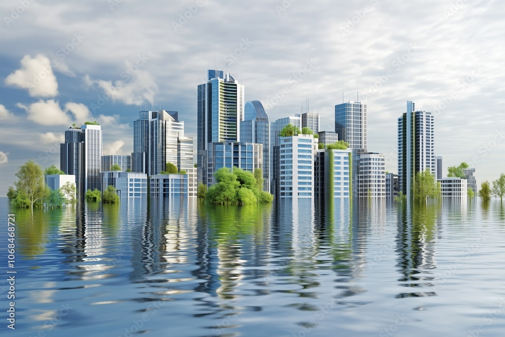 Futuristic Flooded Cityscape with Reflections and Green Rooftops – Vision of Human-Nature Coexistence and Sustainability Futuristic Flooded Cityscape with Reflections and Green Rooftops – Vision of Human-Nature Coexistence and Sustainability