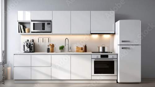 Modern kitchen with sleek design featuring white cabinets, appliances, and stylish decor for contemporary home aesthetics.