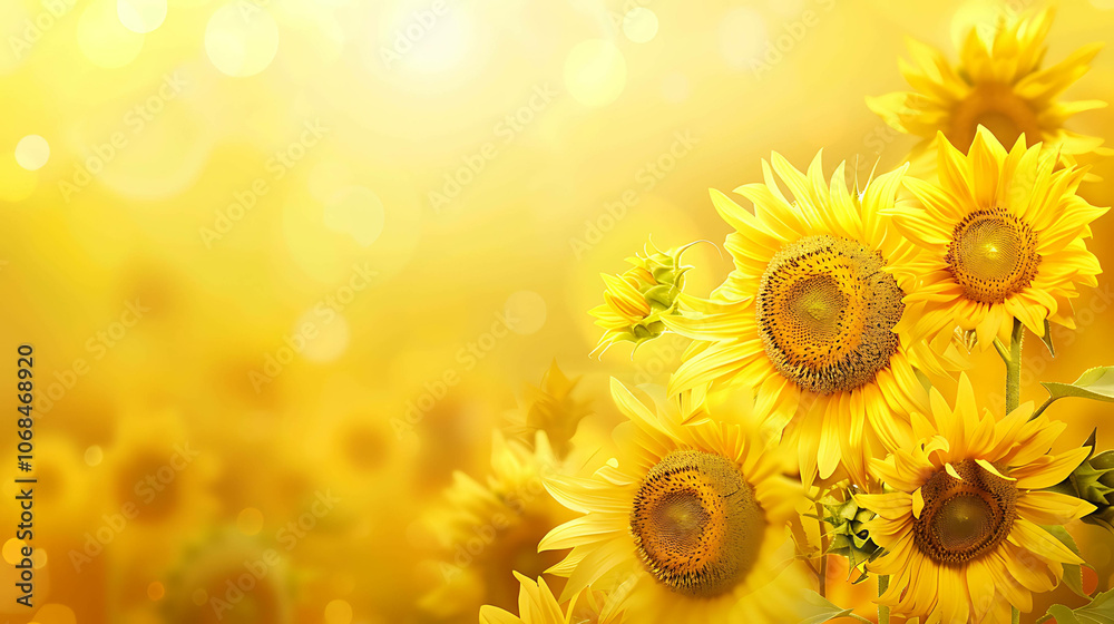 Fototapeta premium Beautiful sunflowers in full bloom against a blurry background of a field of sunflowers.