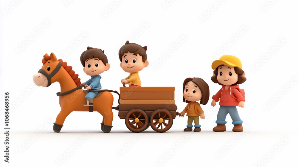 Four cartoon children playing together with a horse and cart. Four cartoon children playing together with a horse and cart.