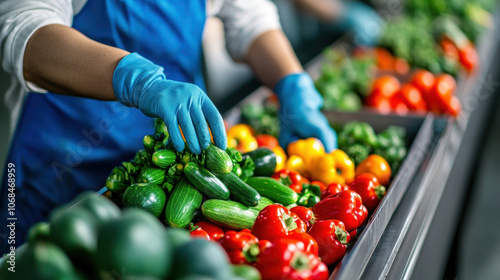 Wallpaper Mural Worker sorting fresh vegetables on a conveyor belt in a food processing plant. Torontodigital.ca
