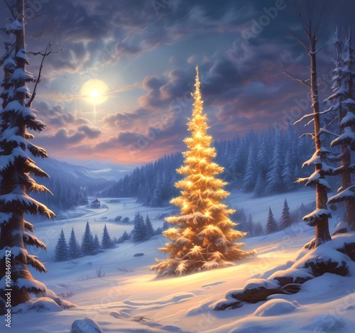 Illustration of crhistmas tree with winter landscape.. photo