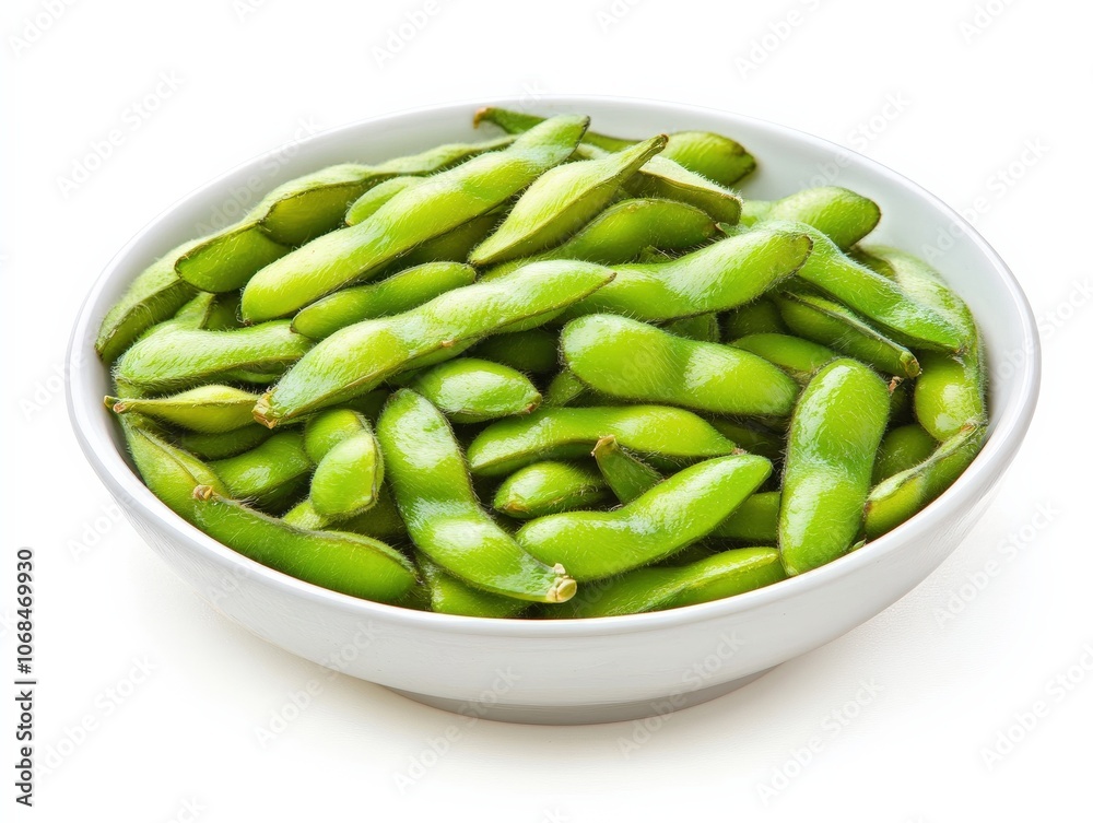 Edamame Bowl: Top View of Japanese Edamame on White Background Edamame Bowl: Top View of Japanese Edamame on White Background