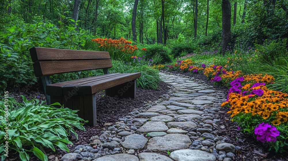 a serene garden path lined with vibrant flowers and bushes, featuring a wooden bench that invites peaceful moments and reflection in a tranquil atmosphere a serene garden path lined with vibrant flowers and bushes, featuring a wooden bench that invites peaceful moments and reflection in a tranquil atmosphere