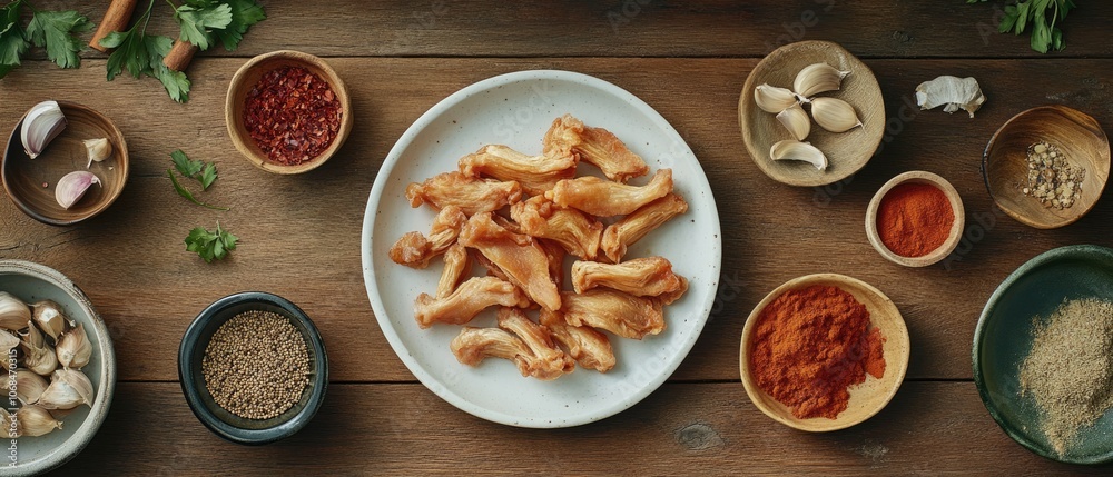 Close up of a white plate with fried chicken pieces, surrounded by spices and garlic cloves on a wooden surface.