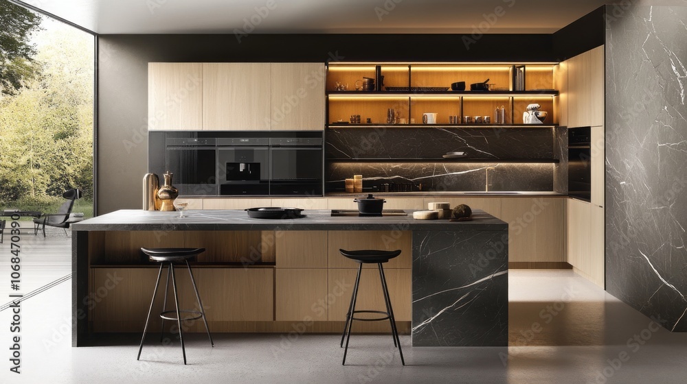 Modern kitchen with marble countertop, wooden cabinets, and black stools Modern kitchen with marble countertop, wooden cabinets, and black stools