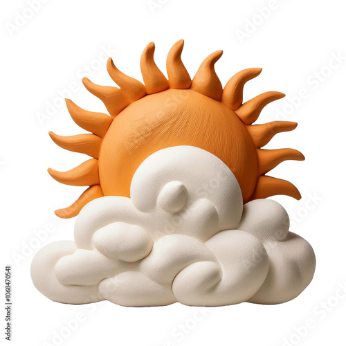 The sun behind a white cloud, made of plasticine, isolated on a transparent background.
