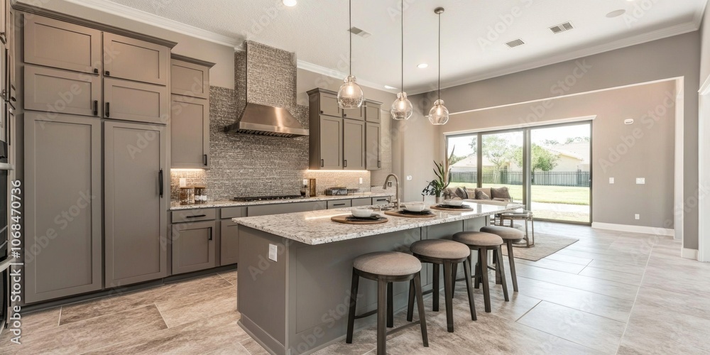 Fototapeta premium Modern Kitchen with Kitchen Island and Pendant Lights