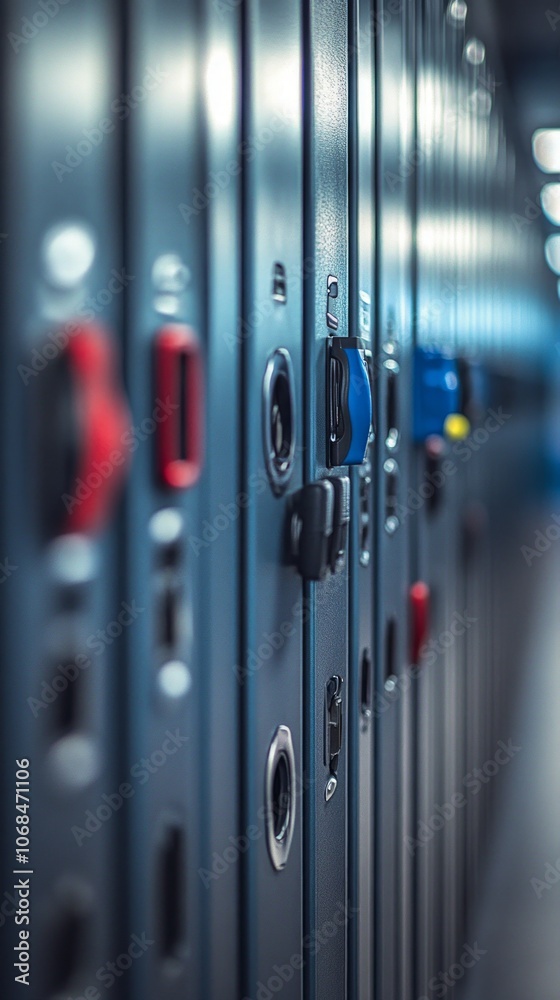 Colorful lockers are placed in a hallway, featuring various locks and handles, creating an inviting atmosphere in a school or gym environment Colorful lockers are placed in a hallway, featuring various locks and handles, creating an inviting atmosphere in a school or gym environment