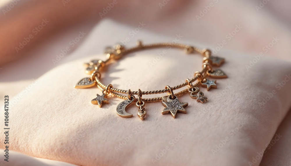 Playful Charms and Symbols Delicate charm bracelet featuring stars and moons on soft fabric background in warm sunlight Playful Charms and Symbols Delicate charm bracelet featuring stars and moons on soft fabric background in warm sunlight