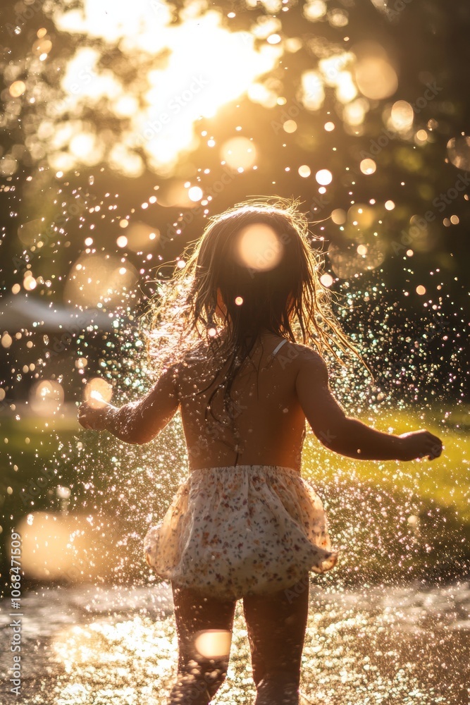 A young child runs through shallow water, splashing droplets around as the sun sets, creating a magical, glowing atmosphere in the park A young child runs through shallow water, splashing droplets around as the sun sets, creating a magical, glowing atmosphere in the park
