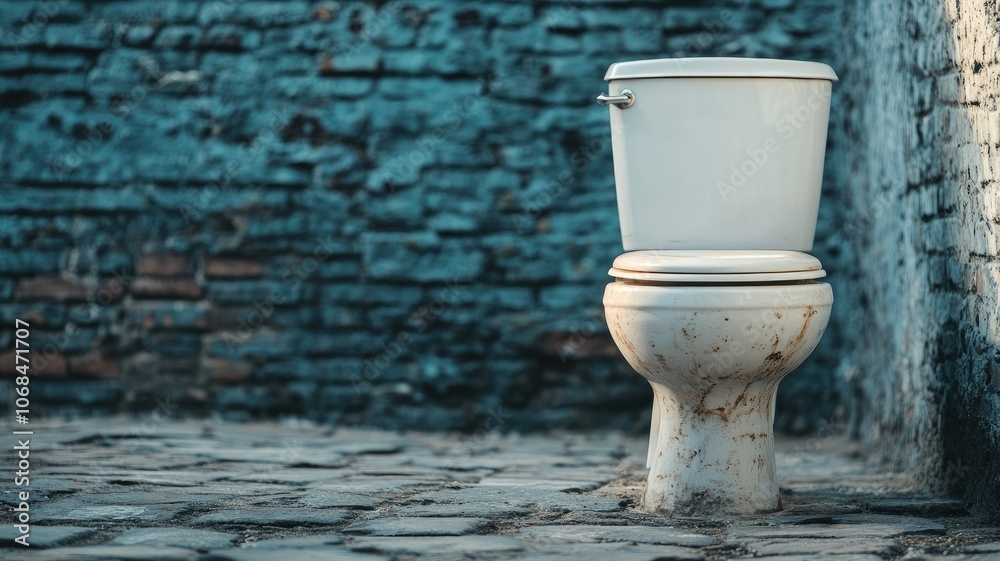 Old, dirty toilet outdoors against blue weathered brick wall Old, dirty toilet outdoors against blue weathered brick wall