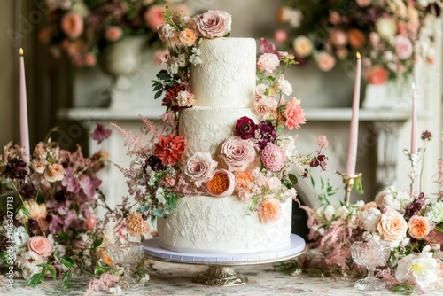 Elegant Floral Wedding Cake: A Stunning Three-Tiered Delight Adorned with Blossoms in Soft Peach, Blush, and Cream, Perfect for a Romantic Celebration