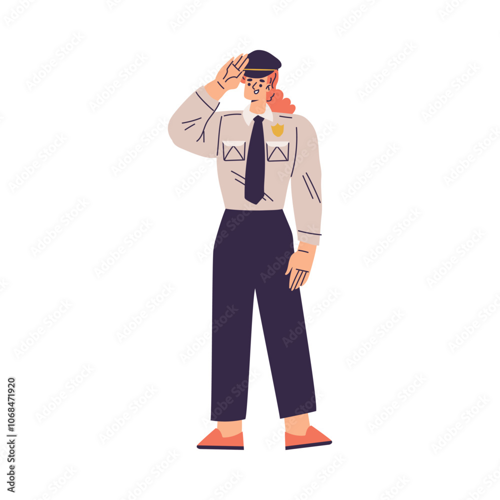 Policewoman Character in Uniform with Tie Greeting with Salute Gesture Vector Illustration Policewoman Character in Uniform with Tie Greeting with Salute Gesture Vector Illustration
