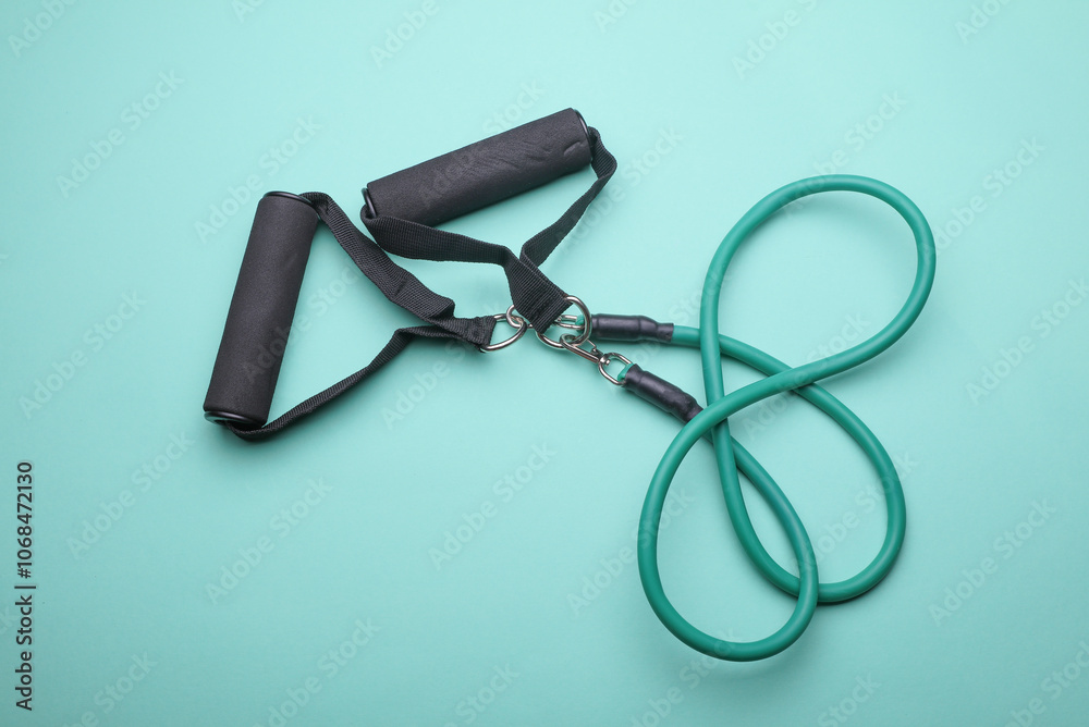 Rubber expander with handles for fitness on a blue background