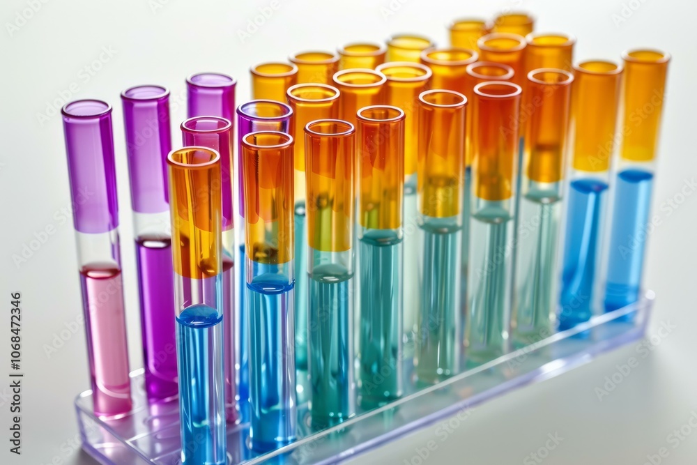 Test tubes filled with colorful chemical liquid are being analyzed by a scientist in a laboratory for medical research Test tubes filled with colorful chemical liquid are being analyzed by a scientist in a laboratory for medical research