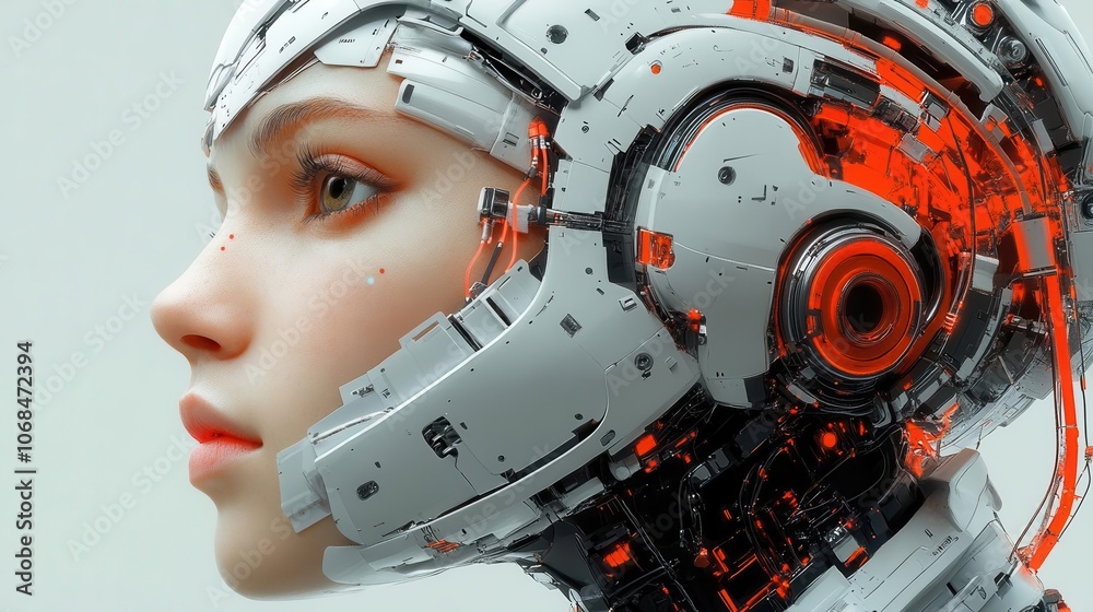 a striking portrait of a female robot, featuring a sleek android face that embodies the concept of artificial intelligence, with intricate details highlighting the fusion of technology and humanity a striking portrait of a female robot, featuring a sleek android face that embodies the concept of artificial intelligence, with intricate details highlighting the fusion of technology and humanity
