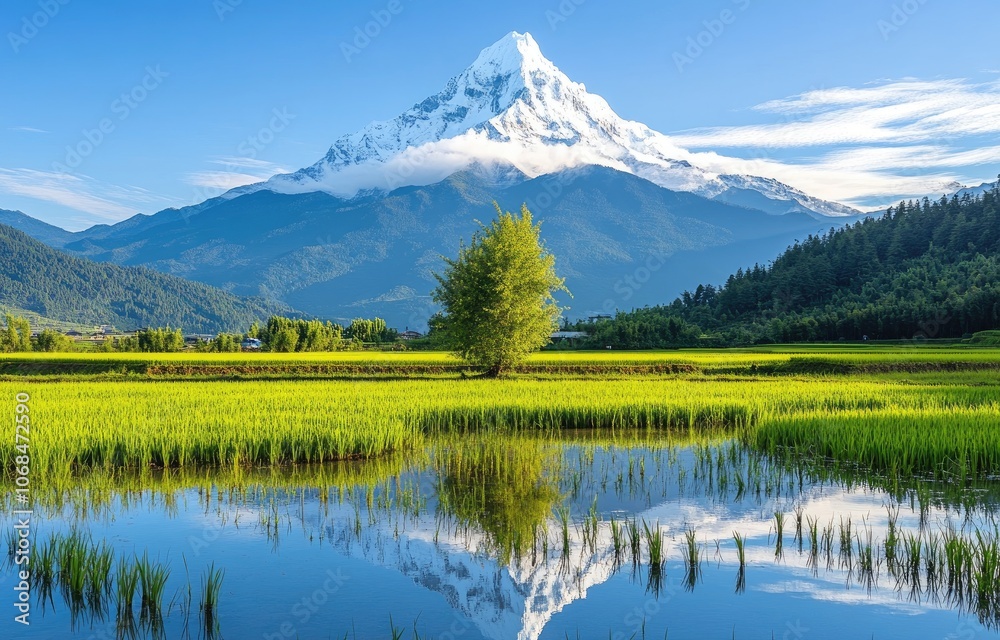 The distant snow-capped mountain peak reflects the blue sky, surrounded by rice fields and wetlands with lush green grass in spring. The distant snow-capped mountain peak reflects the blue sky, surrounded by rice fields and wetlands with lush green grass in spring.