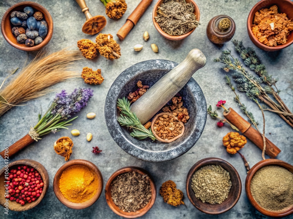 Flat Lay of Dried Medicinal Herbs with Mortar and Pestle for Natural Health Remedies Flat Lay of Dried Medicinal Herbs with Mortar and Pestle for Natural Health Remedies