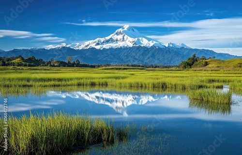 The distant snow-capped mountain peak reflects the blue sky, surrounded by rice fields and wetlands with lush green grass in spring.