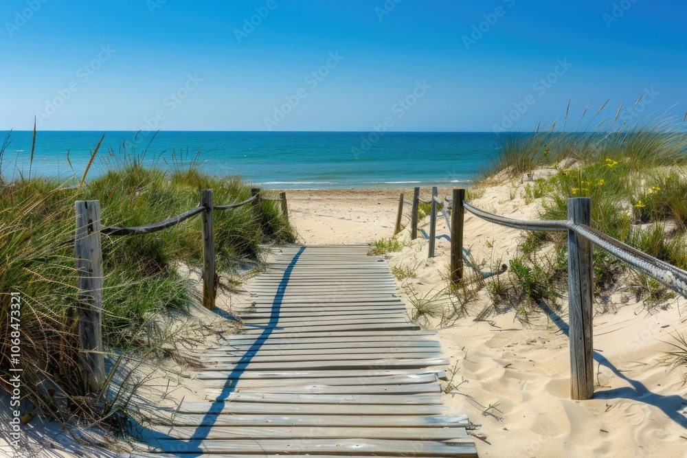 Wooden Path Access to Beach in Sand Dunes of Vendee on Noirmoutier Island, France Wooden Path Access to Beach in Sand Dunes of Vendee on Noirmoutier Island, France