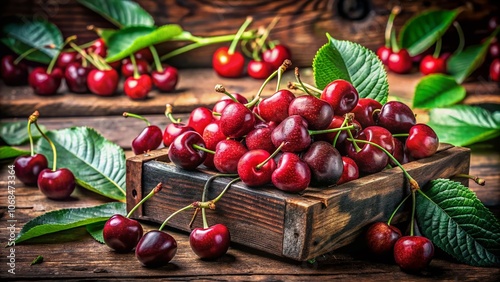 Vintage Style Photography of Dark Red Sweet Cherries Freshly Harvested in Weert, Netherlands, Capturing the Essence of Summer Fruits with a Rustic Touch and Charming Aesthetic photo