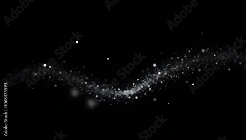 Wave of silver sparkling particles on black background for web design and digital art