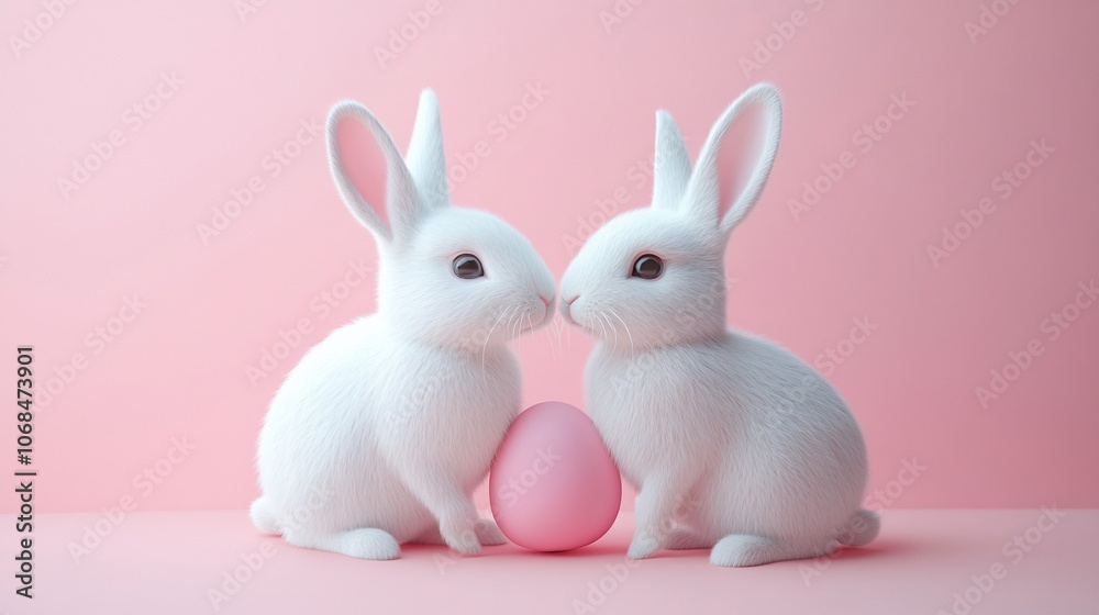 Obraz premium Two white bunnies with pink Easter egg on pink background.