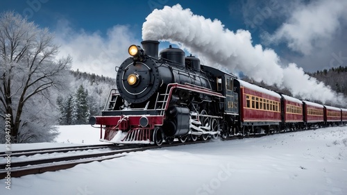 A steam locomotive traveling through a snowy forest during winter, exhaling puffs of steam and creating a classic winter atmosphere