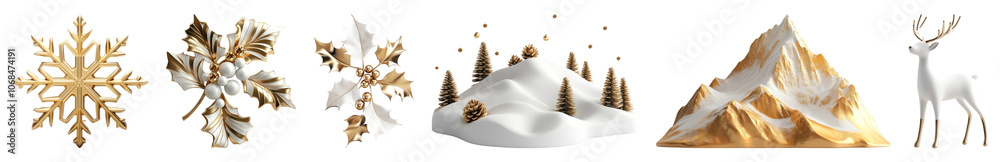 3D white and gold minimal Christmas decoration png cut out element set