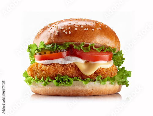 Chicken Burger with Sauce, tomatoes, onion and lettuce on white background. isolated chicken burger