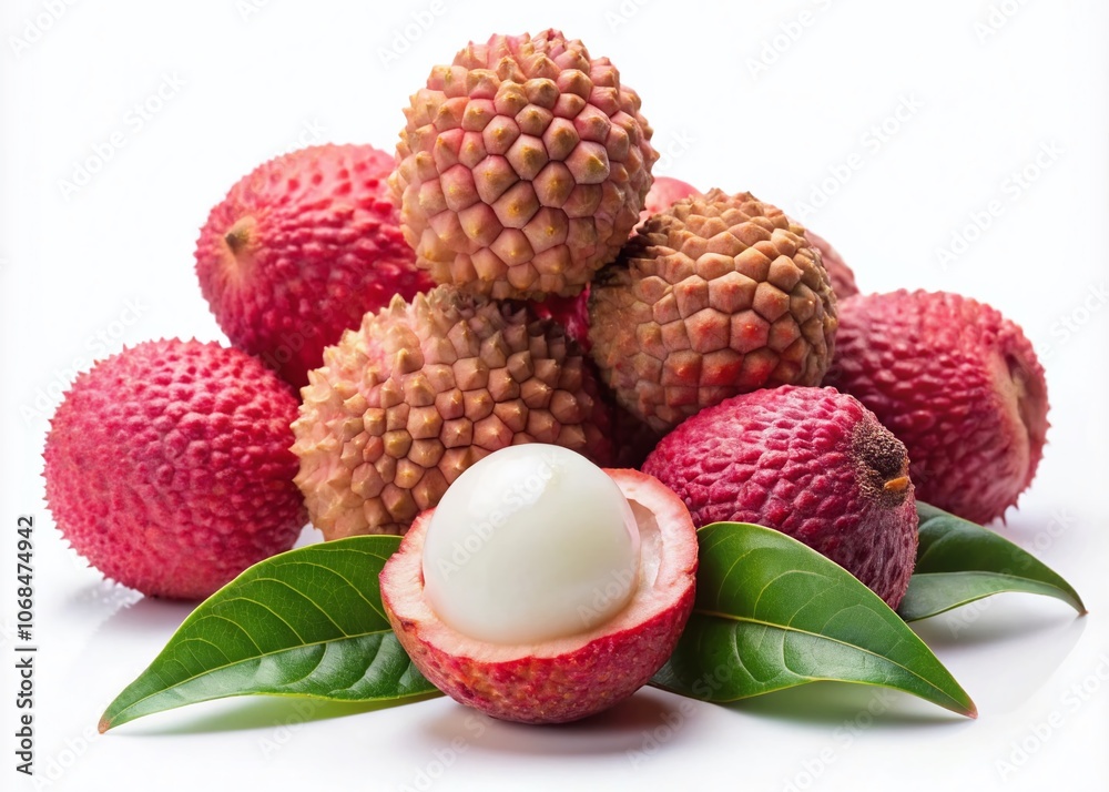 Fresh Lychee Litchi Lichee Fruits on White Background - Exotic Tropical Delicacy for Food Photography, Culinary Arts, Healthy Eating, and Fruit Lovers' Inspiration