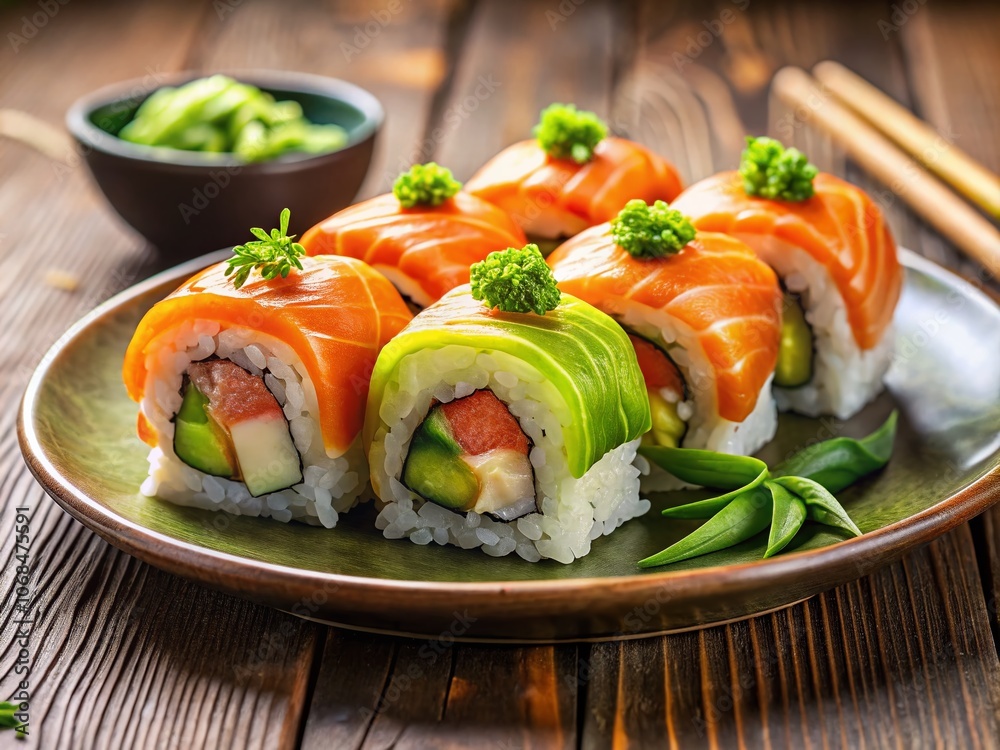 Fresh Sushi Rolls with Salmon and Avocado on a White Plate, Perfect for Gourmet Cuisine and Healthy Eating, Ideal for Food Photography and Restaurant Menus Fresh Sushi Rolls with Salmon and Avocado on a White Plate, Perfect for Gourmet Cuisine and Healthy Eating, Ideal for Food Photography and Restaurant Menus