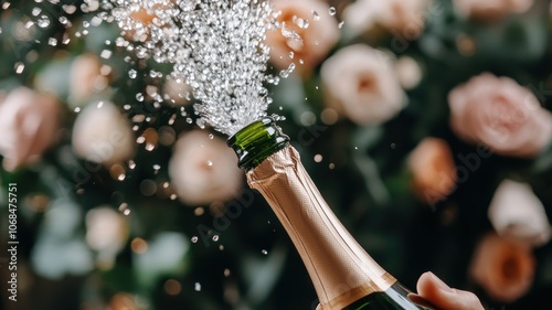 Champagne bottle opening with a burst of bubbles, celebrating joy and special moments. photo