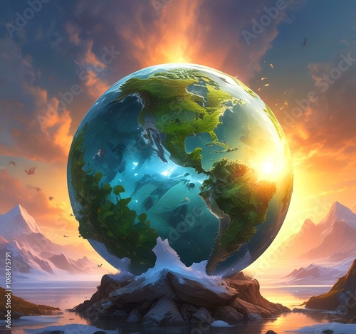 Illustration of earth globe with sunrise behind and eco element.