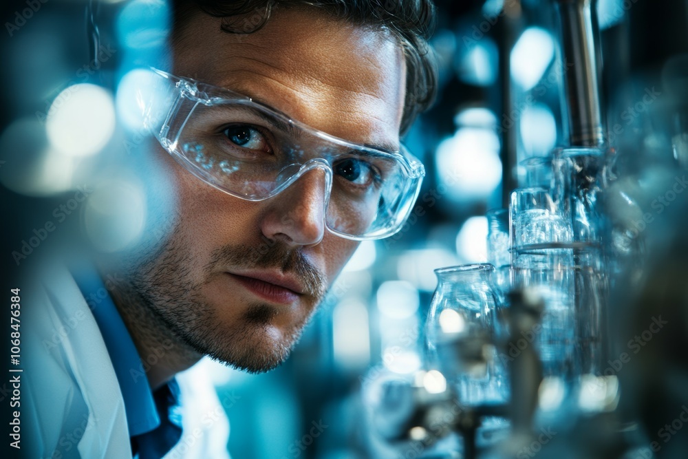 Focused Scientist in Protective Eyewear Conducting Experiments in a High-Tech Laboratory Environment Focused Scientist in Protective Eyewear Conducting Experiments in a High-Tech Laboratory Environment
